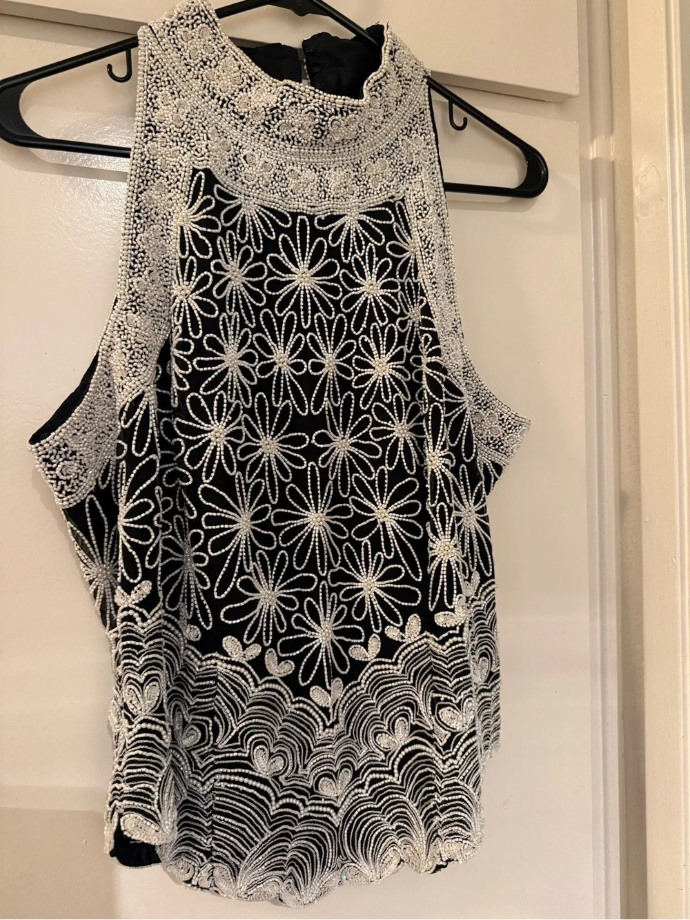 One hundred percent silk beaded White Halter Tank Top